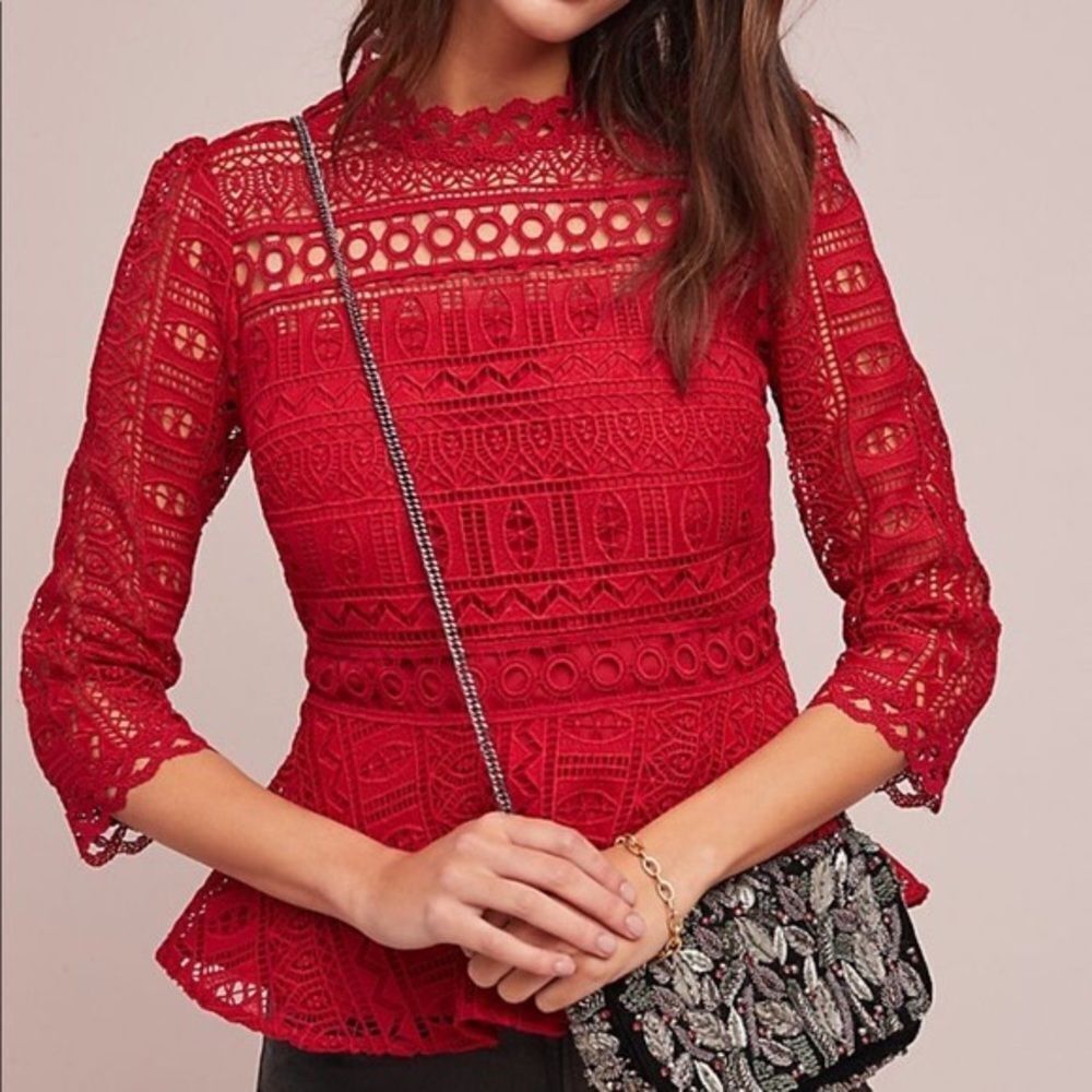 Moulinette Soeurs by Anthropologie Tamera Geometric Lace Peplum Red Blouse Sz 0
